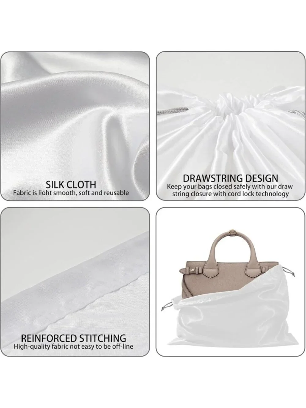 10 Pack Silk Dust Bags for Handbags & Purses - Drawstring Storage Pouch, White